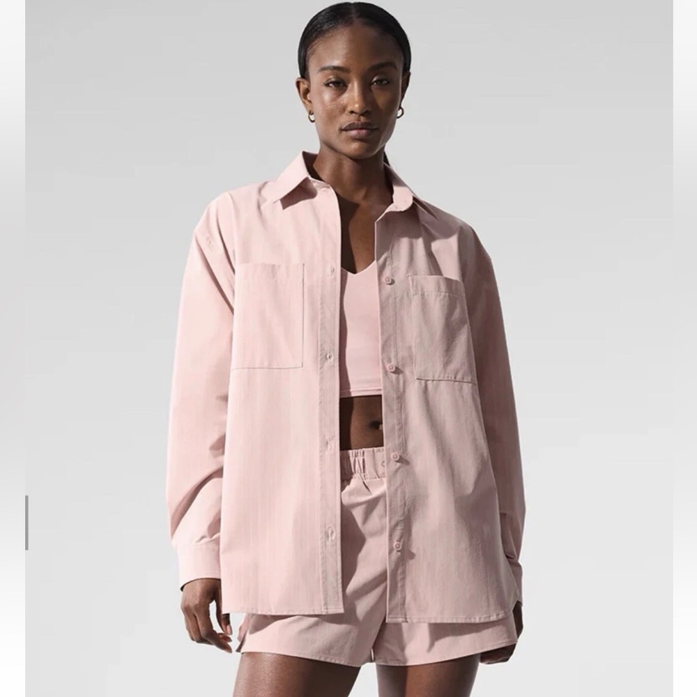Alo Yoga Pinstripe Daylight Button Down Long Sleeve Pink Quartz/Ivory S
